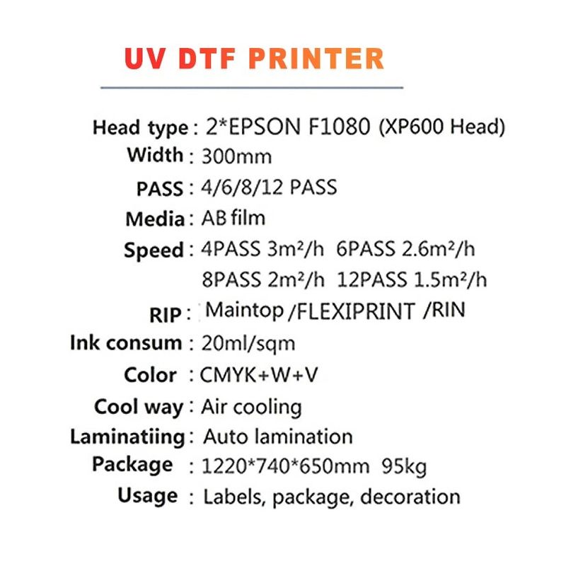 Impresora DTF UV de ancho de 300 mm con consumo de tinta de 20 ml/m2 para impresión de gran volumen